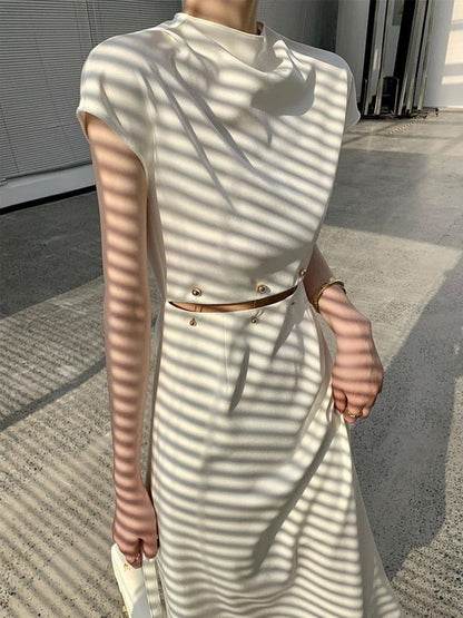 vmtvr - Elegant White Long Dress Female Round Neck Short Sleeve High Waist Cut Out Midi Dresses For Woman Clothing Fashion