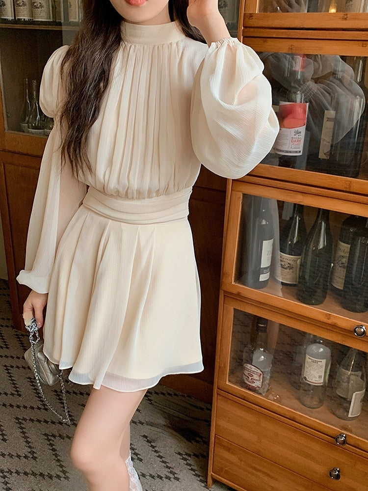 vmtvr - 2023 Spring Sweet 2 Piece Dress Set Women Long Sleeve Blouse Y2k Mini Dress Office Lady Elegant Korean Fashion Suits Pure Color