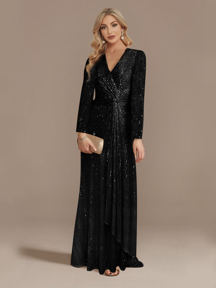 Luxury Long Sleeve V-Neck Evening Dress Wedding Party Sequins For Women 2023 Female Guests Red Prom Cocktail Dresses