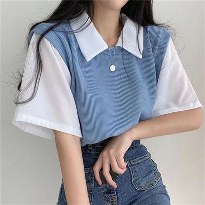 -Summer Academy Style Color Blocking Polo Collar Top Fake Two-piece Short Sleeve T-shirt Women Lazy Loose Casual Versatile Blouse