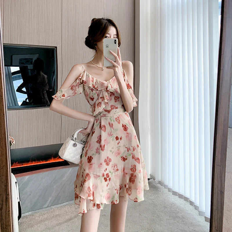 vmtvr 2024 Pink Floral Chiffon Chic Ruffled Sling Dress Women Elegant Casual Beach Dress Sets Summer Korean Fashion Casual Party Dress