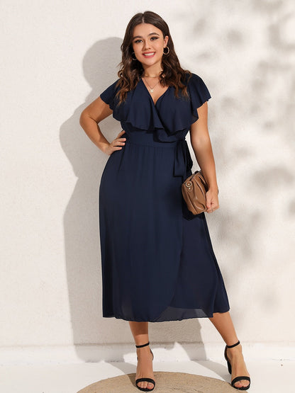 Party Dresses For Women 2023 Plus Size Summer Midi Dress V-Neck Solid Ruffle Sleeve Belted Wrap Dress