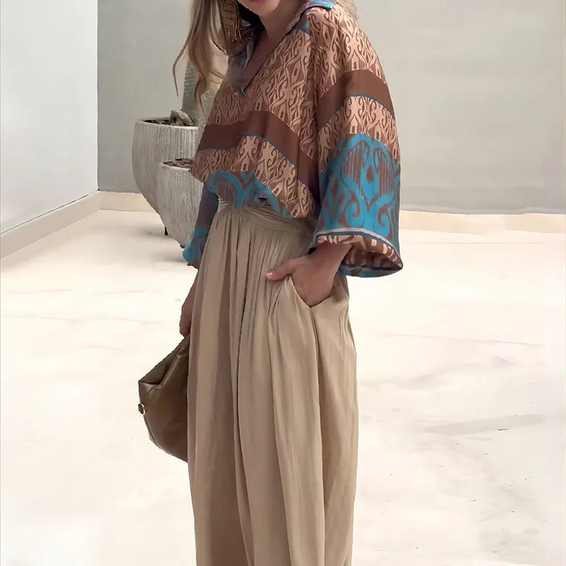 vmtvr Casual Pattern Printed Long Sleeved Suits Women's Fashion Streetwear Wide Leg Pants Outfits Spring Summer Commuter Loose 2pc Set