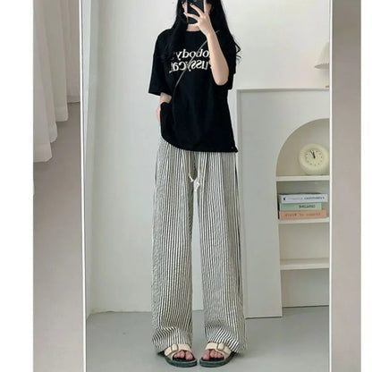 vmtvr American Vintage Trendy Vertical Stripe Wide Leg Pants Women Summer Elastic High Waist Drawstring Pocket Loose Straight Trousers