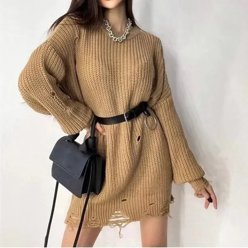 vmtvr Women Long Sleeve Mini Sweater Dress Autumn Winter Ripped Hole Knit Pullover Dress Casual Loose Oversize Knitted Short Dresses