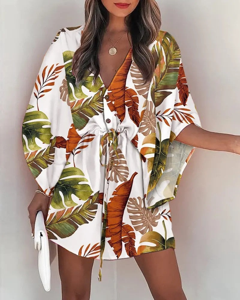 vmtvr 2023 Summer Boho Dresses Women Casual Flora Print Batwing Sleeve Lace-Up Dress Sexy V Neck Loose Ladies Beach Mini Dress Vestido