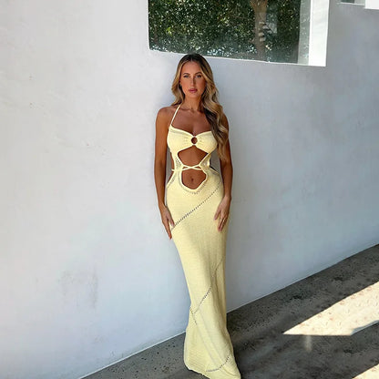 vmtvr  -  Yellow Knitted Beach Dress Women Fashion Halter Hollow Out Slim Long Dresses Summer Sexy Backless Holiday Party Outfits