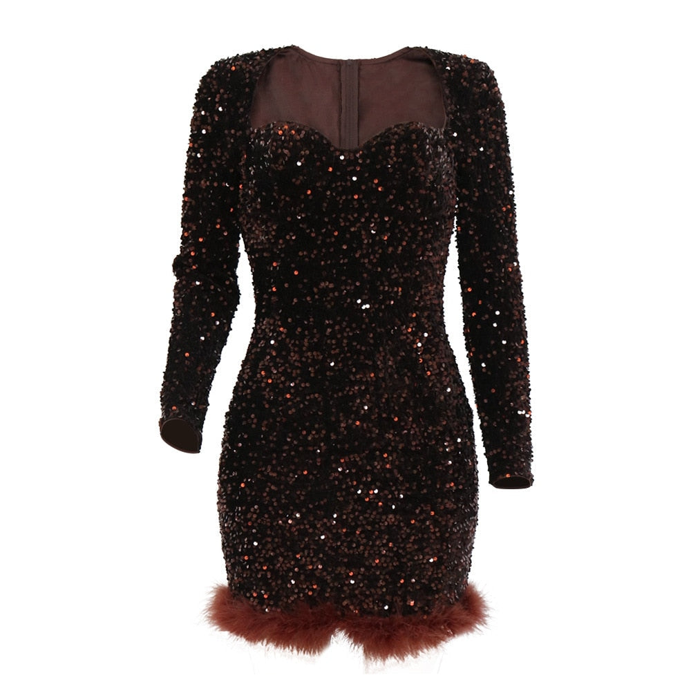 Sexy Luxury Sequins One Shoulder Mini Dress Elegant Black Feather Long Sleeve Backless Slim Dress Celebrity Evening Party Dress