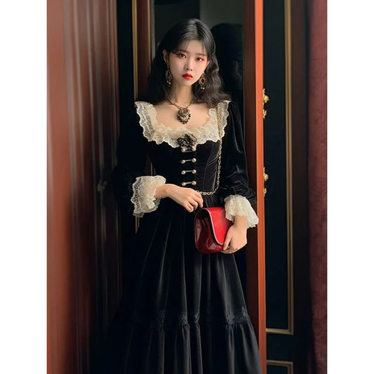 vmtvr  - Elegant Women Dress Black Vintage Velvet Long Sleeve Gothic French Style Office Ladies Y2K Casual Evening Party Dresses 2023