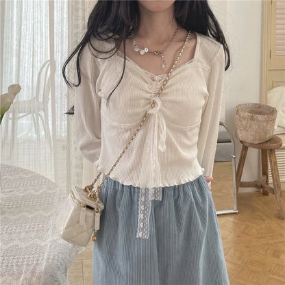 -Fall Outfits Long Sleeve Top Autumn White Kawaii Lolita Female Blouse Lace Japanese Sweet Long Slevee Tops Women Knitted Casual Korean Designer Clothing