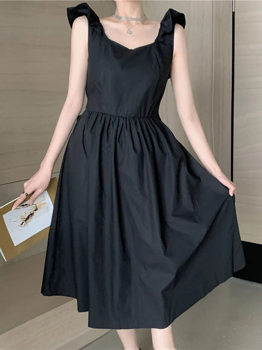 vmtvr High Waist Women Party Dress Elegant Black Summer Sleeveless A Line Tunic Ladies Dress Sexy Backless Bow Korean Vestidos