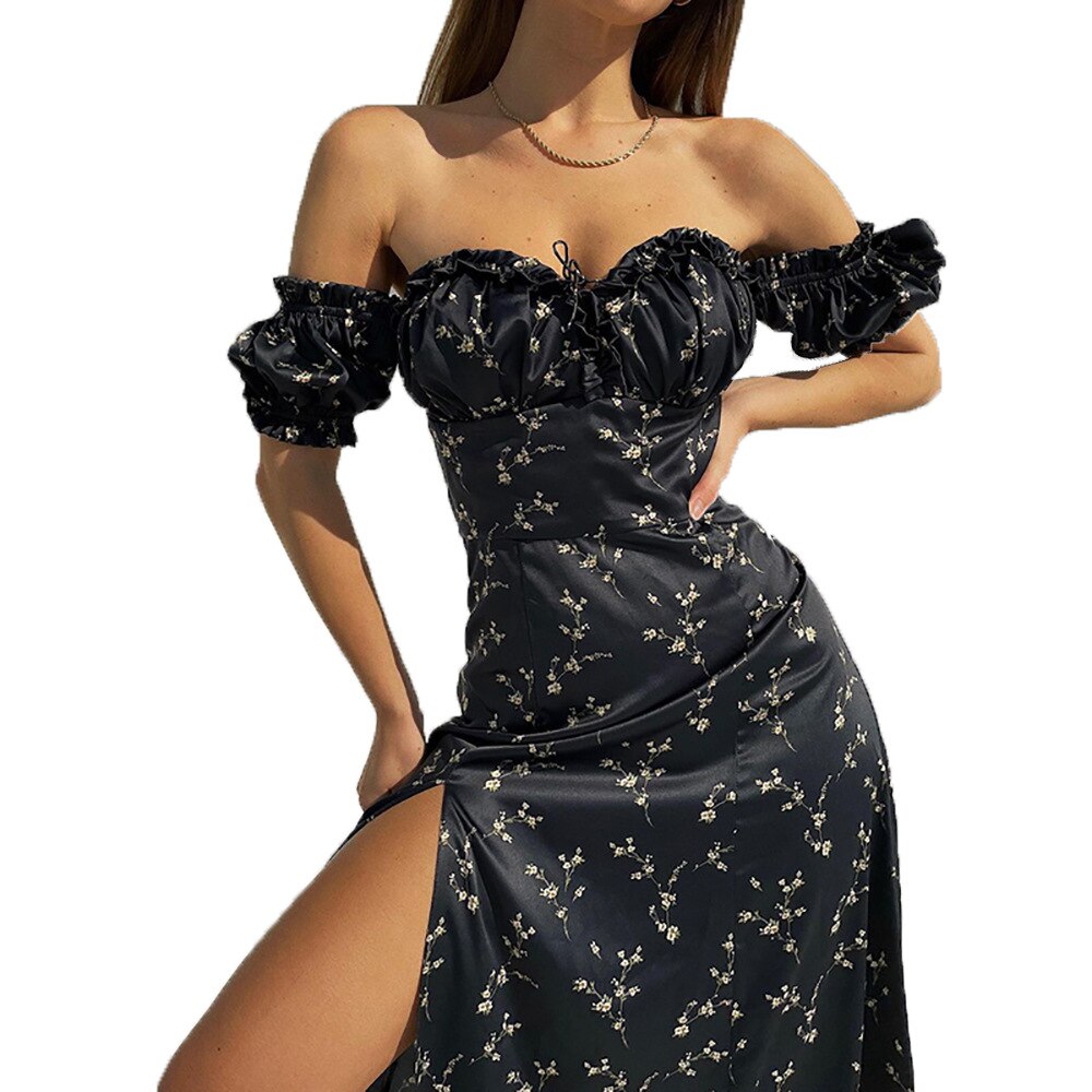 New In Summer Black Sexy Off-the-shoulder Floral Dress Side Slit High Waist Slim Dresses Women's  Vestido Feminino