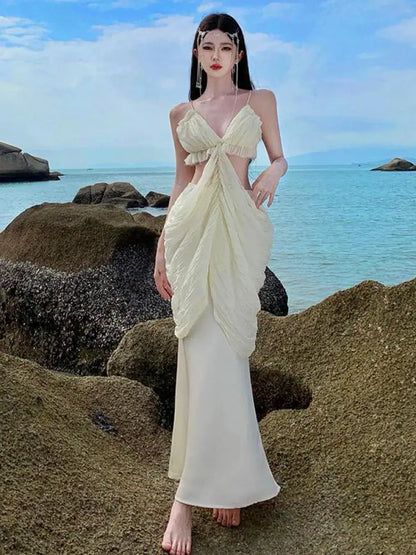 vmtvr Women Beige Sleeveless V Neck Hollowed Out Backless Pleated Slip Tops And High Waist Slim Mermaid Long Skirt Fashion Summer Suit