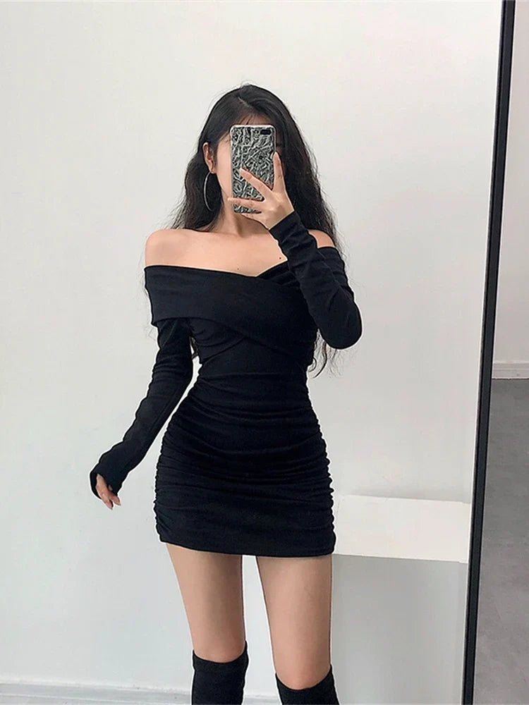 vmtvr  -  Sexy Strapless Cross Pleated Tight Hip Full Sleeve Fold Mini Dress Pencil Womens Autumn Girl Female Dresses SXYF