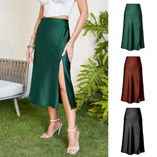 vmtvr Women Elegant Satin Skirt Elastic Waist A-Line Summer Slit Casual Solid Female Slim Falda Boho Holiday Beach Escocesas De Mujer