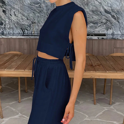vmtvr Women's Cotton Linen Pants Set Summer Women's Loose Shoulder Pads Side Slit Sleeveless Top Casual Pleated Wide Leg Pants Suit