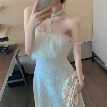 vmtvr  -  Elegant French Retro Tube Top One-shoulder White Dress Female Summer Pearl Suspender Mid-length Skirt Autumn Winter Inner Wear