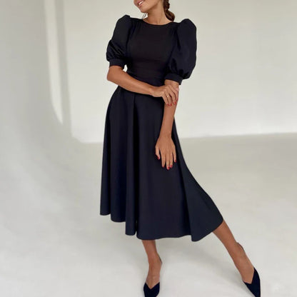 vmtvr Summer Luxury Round Neck Waist Women A-lien Dress Solid French Style Big Hem Long Dress Lady Puff Sleeved Commuter Party Dress