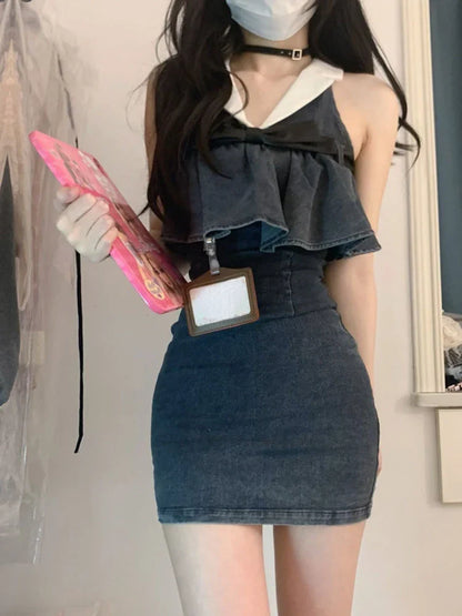 vmtvr  -  French Vintage Denim Dress Women Causal Y2k Office Lady Slim Mini Dress Summer Korean Fashion Elegant Retro One Piece Dress