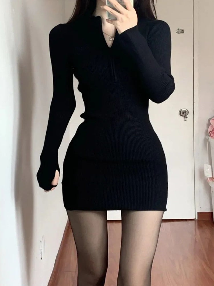 vmtvr - Black Bodycon Knitted Dress Women Sexy Wrap Slim Short Dresses Autumn Fall Solid Outfits Robes Femlae