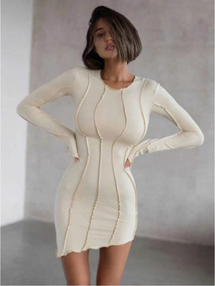 vmtvr - Sexy Solid Patchwork O Neck Mini Dress Women Autumn Bodycon Long Sleeve Slim Fit Elegant Party Club Vestido