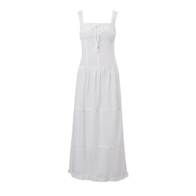 vmtvr  -  French Sexy White Pure Desire Elegant Summer Dress - Ruffle Slimming Long Dress for Women, Chic Vacation Attire