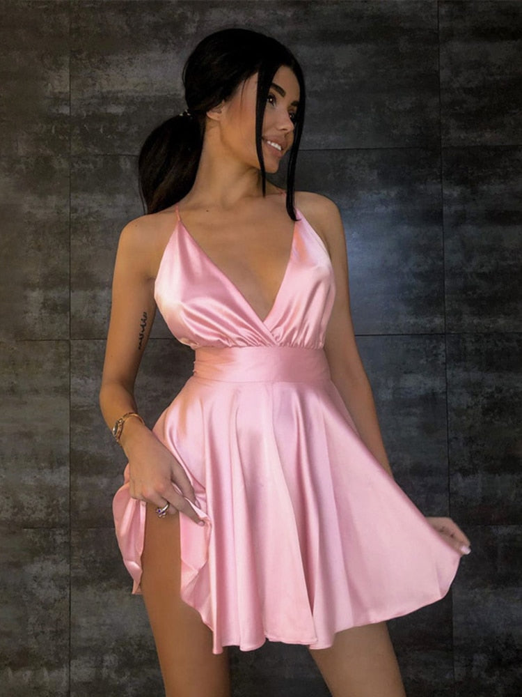 Satin Sexy Backless Sleeveless Party Night Club Wrap Mini Dresses Spaghetti Straps Elegant Dress Solid Vestidos