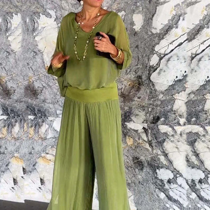 vmtvr Female Casual Solid Loose Chiffon Suit Spring V Neck Backless Top Pullover & Pleated Pants Outfits Summer Half Sleeve Women Sets