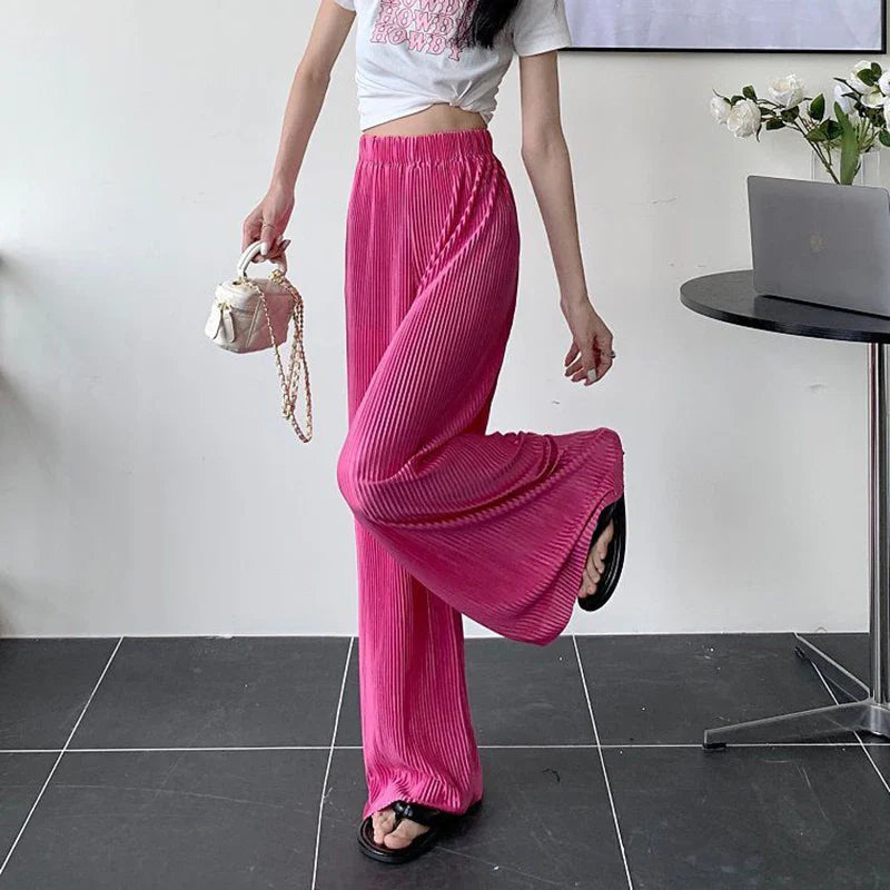 vmtvr Fashion Streetwear Women Harajuku Wide Leg Pants Summer Loose Thin Pleated Straight Trousers High Waist Elastic Y2k Pants