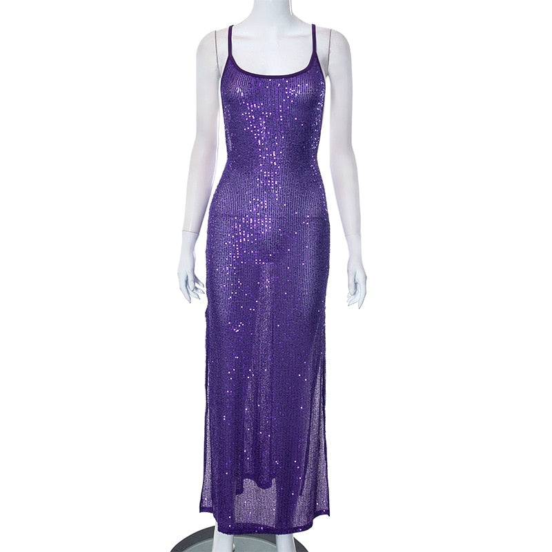 Luxury Sequins Backless Purple Summer Dress Women 2023 Sexy Sleeveless Two Sides Slit See-through Evening Party Formal Dresses