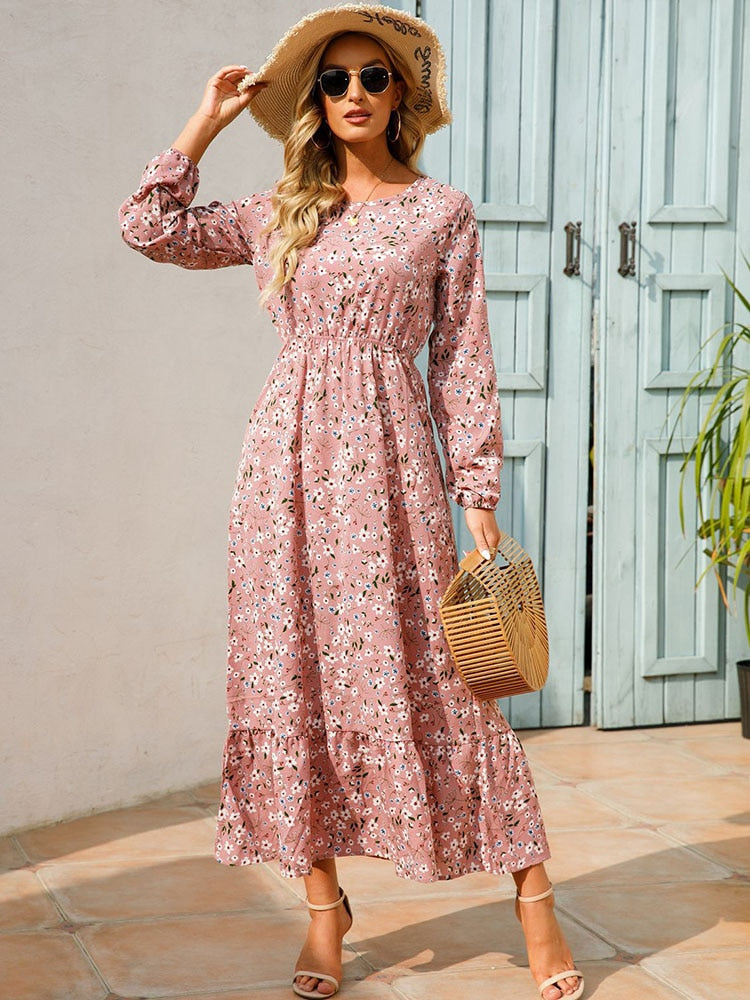 vmtvr - Elegant Floral Print Women Dress Spring Summer Casual O Neck Long Sleeve Chiffon A Line Long Maxi Dress Party Vestidos