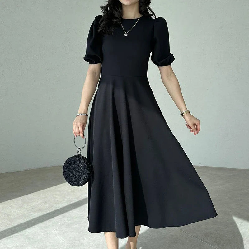 vmtvr Elegant O Neck A-Line Office Ladies Dress New Spring Solid Back Zipper Boho Long Dress Women Puff Short Sleeve Summer Maxi Dress