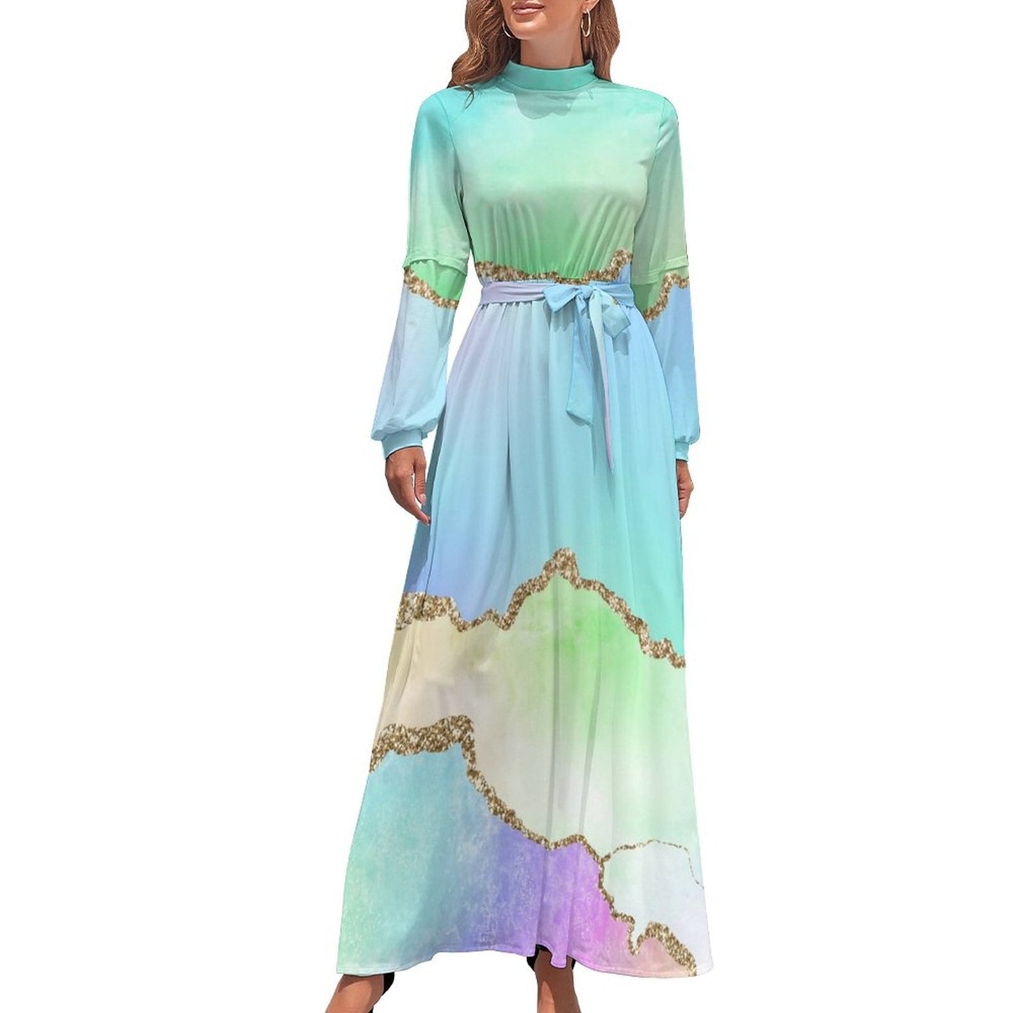 Marble Print Dress Watercolor Flow Abstract Aesthetic Bohemia Dresses Female Long Sleeve High Neck Sexy Long Maxi Dress