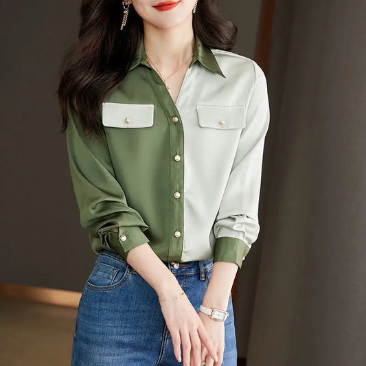 vmtvr Office Lady Korean Clothing Fashion Long Sleeve Chiffon Shirt Spring Summer Women Casual Versatile Contrast Color Chic Blouse