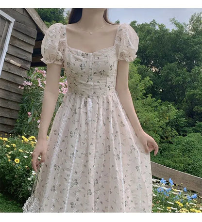 vmtvr Vintage Puff Sleeve Fairy Midi Dress Women Sweet Elegant Korean Style Floral Dress Female Summer Casual Party Dresses Chic