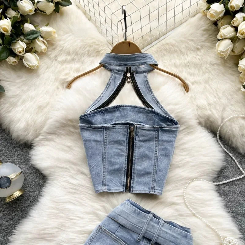 vmtvr  -  Denim Mini Skirt Suit Backless Hanging Neck Short Top Summer Denim Short Skirt Two Piece Sexy Streetwear Clubs Party Dresses New