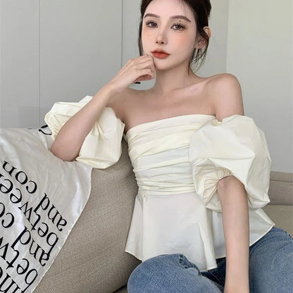 vmtvr Sexy Off Shoulder Women T Shirts Korean Fashion Folds Puff Sleeve Tops Summer Female Elegant All Match Tees New