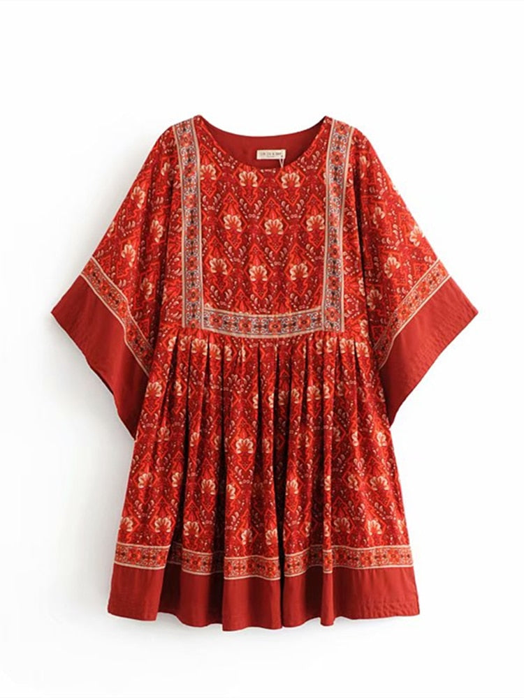 vmtvr Vintage Chic Fashion Women Red Floral Print O-neck Loose Bohemian Mini Dresses Ladies Batwing Sleeve Cotton Beach Boho Dress