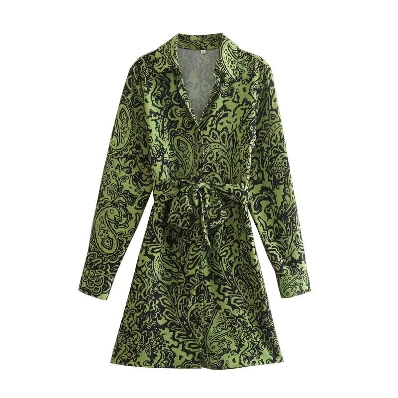 New Spring Women Vintage Floral Print Mini Dress Long Sleeve With Belt Female Shirt Dresses