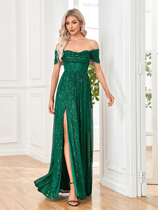 vmtvr - 2023 Women Green Sexy Off-shoulder Sequin Dress Elegant Evening Dress Party Maxi Dress Split Ladies Trailing Dresses