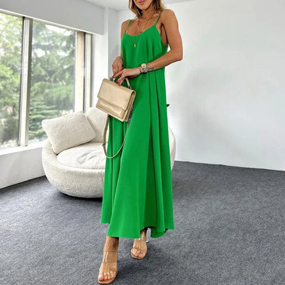 vmtvr 2024 Spring Summer V-neck Spaghetti Strap Dress Women Solid Loose Boho Long Dress Sexy Off Shoulder Sleeveless Hollow Maxi Dress