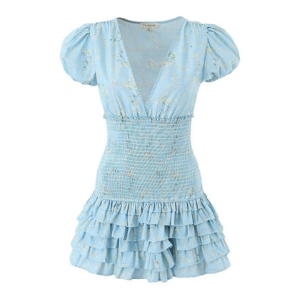 vmtvr - High Quality 2023 Holiday Summer Short Sleeve Blue Floral Women Ruffled A-line Mini Dress