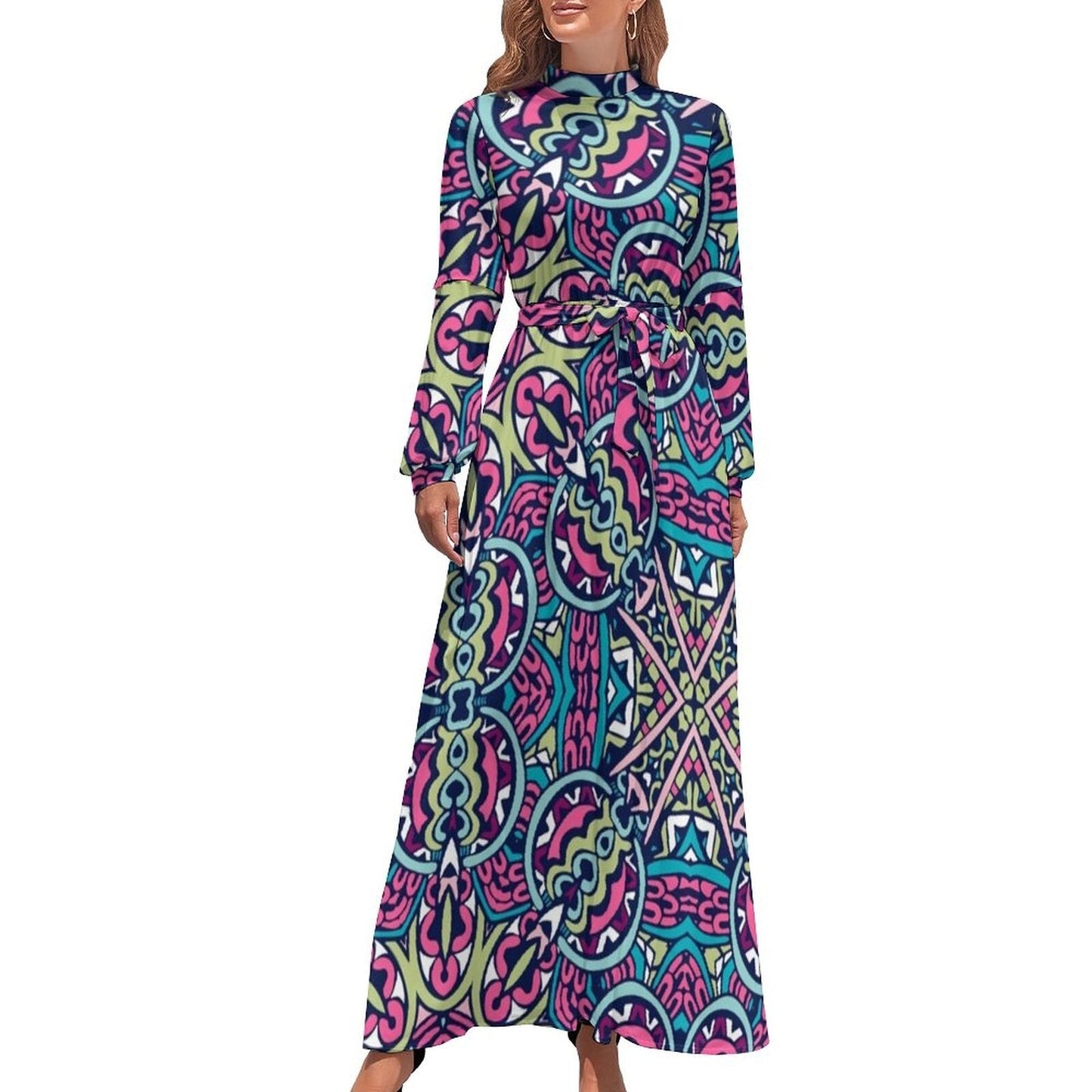 vmtvr - Ethnic Bohemia Dress Retro Floral Print Basic Beach Dresses Female Long Sleeve High Neck Elegant Long Maxi Dress