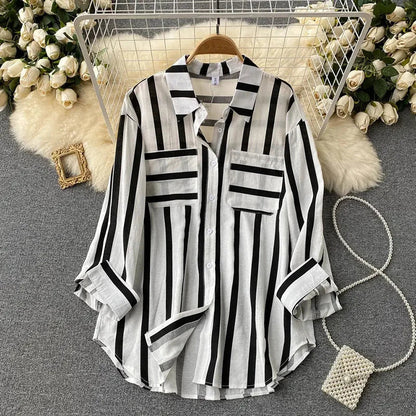 vmtvr Summer Women Striped Shirt Fashion Streetwear Female Patchwork Sun Protection Shirts Oversize 5Xl Korean Casual Loose Tops