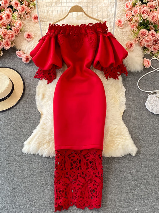 Sexy Hollow Out Lace Bodycon Long Dress Women Elegant Red/Pink/White Off Shoulder Patchwork Maxi Party Vestidos Autumn New