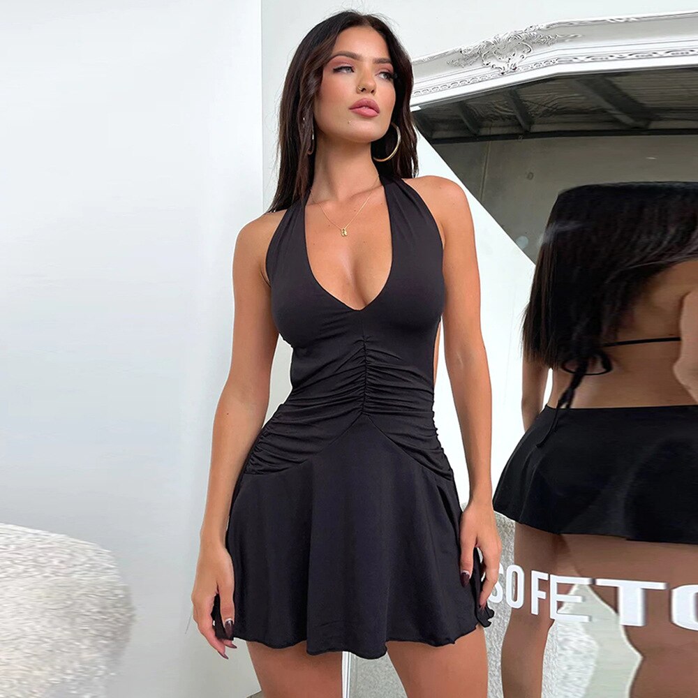 vmtvr  Summer Deep V Neck Halter Neck Dresses Bandage Backless Mini Ruched Sexy Bodycon Dresses Beach Holiday Clothes