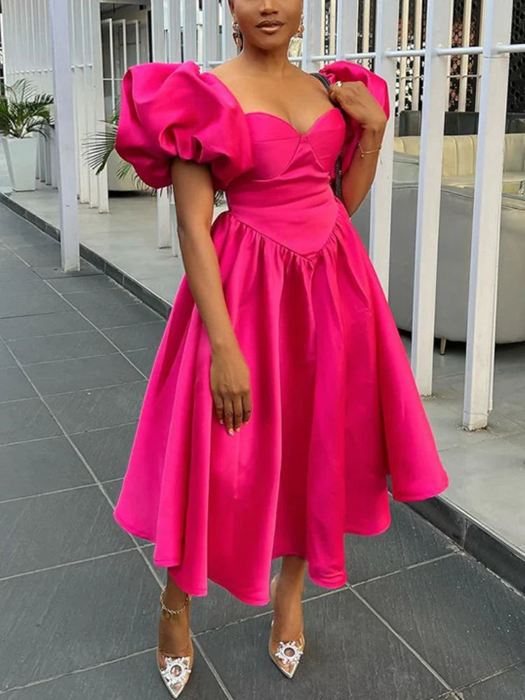 vmtvr  -  Classy A Line Dresses for Women Sweetheart Neck Puff Sleeves Backless Pleated Midi Dress Summer Elegant Sweet Casual Party Wear