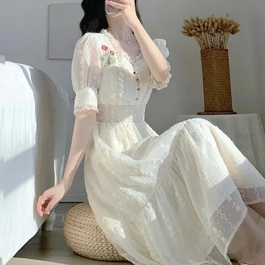 Vintage Lace Fairy Midi Dress Women 2024 Summer French Floral Elegant Party Princess Dress Ladies Party One-piece Dress Korean