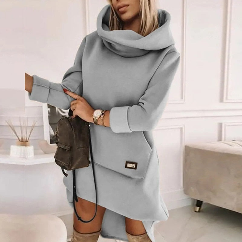 New Fall Loose Hooded Pullover Dress Elegant Pattern Print Pocket Long Sleeve Hem Mini Dress Women Casual Solid Sweatshirt Dress