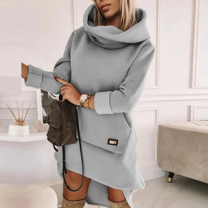 New Fall Loose Hooded Pullover Dress Elegant Pattern Print Pocket Long Sleeve Hem Mini Dress Women Casual Solid Sweatshirt Dress